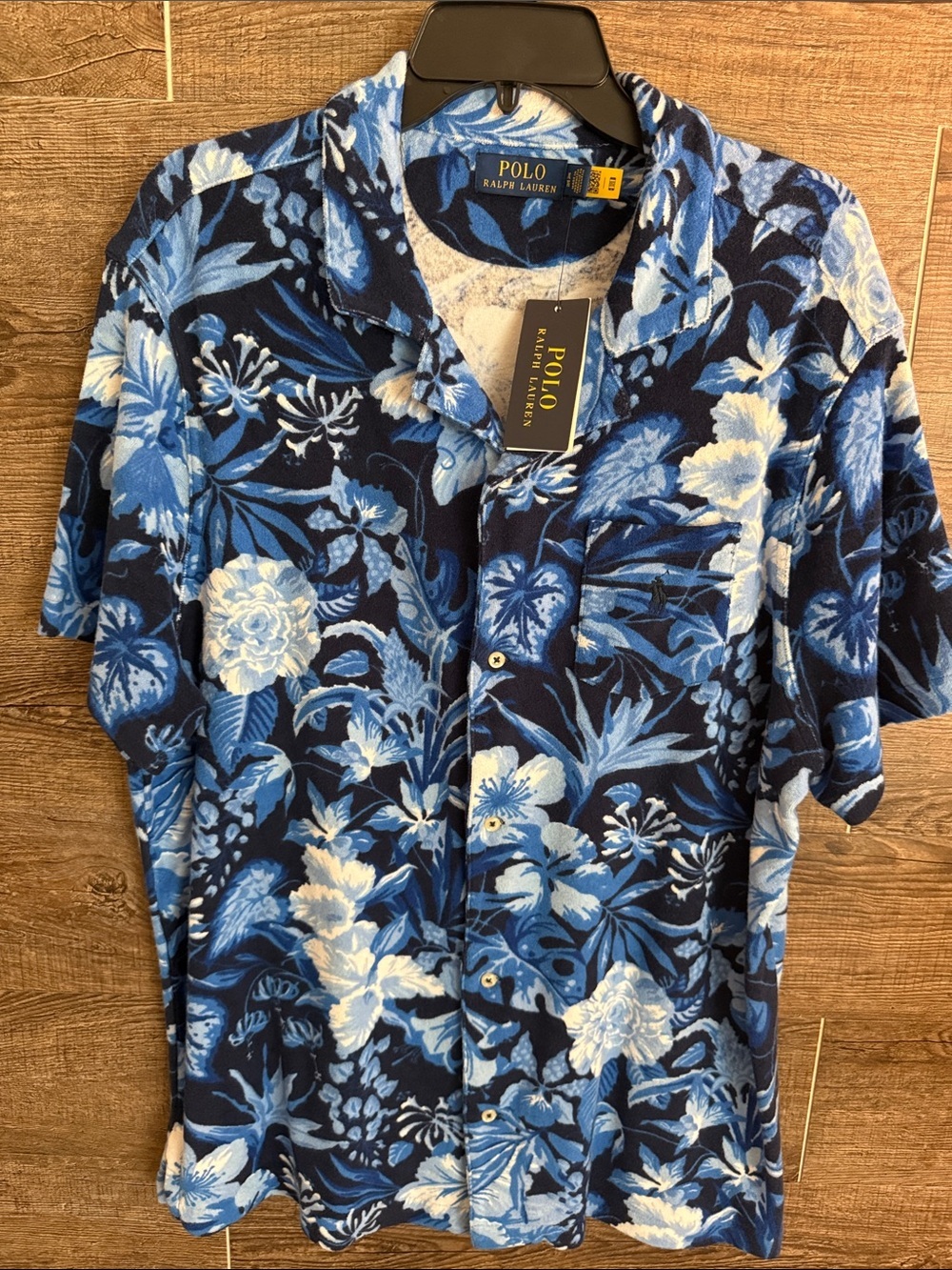 Polo by Ralph Lauren Navy and Light Blue Tropical Floral Terry Cloth Camp Shirt